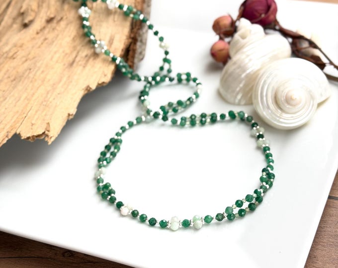 Tantric Mala necklace made of aventurine, jade, green apatite and sterling silver "Balance and lightheartedness", tantric yoga necklace with 416 beads