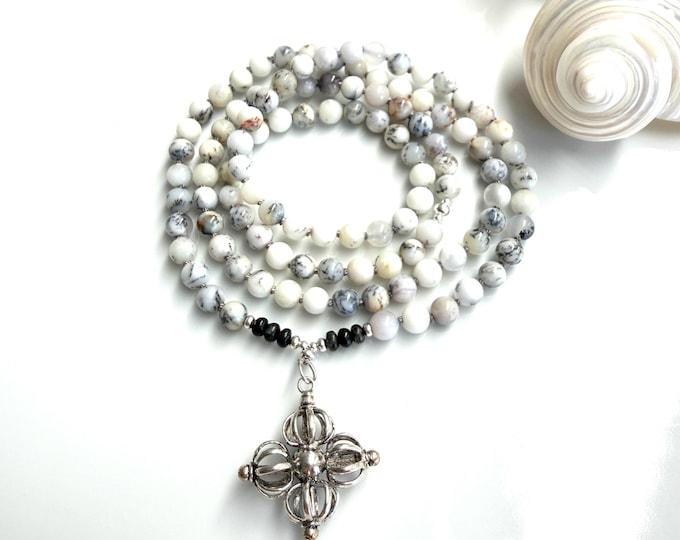 Mala made of dendritic opal with a double dorje, decorated with astrophyllite and some sterling silver, yoga jewelry for men and women