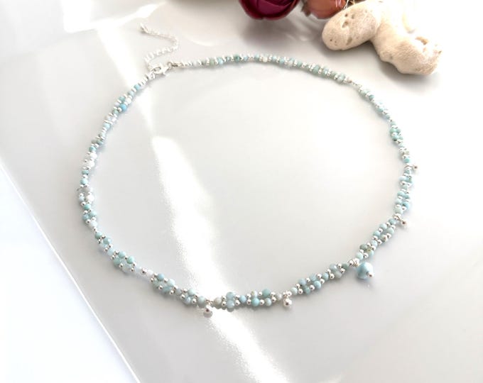 Short necklace made of Larimar with sterling silver (925), delicate, double-row choker, yoga jewelry, gift for jewelry lovers