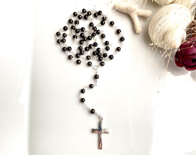Shungite and Silver Rosary with Cross, Handmade Long Beaded Necklace with Cross, Catholic Rosary