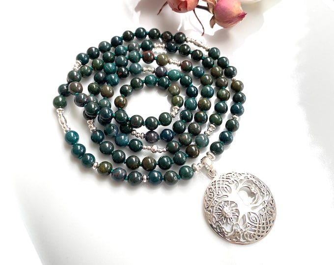 Mala made of heliotrope, decorated with sterling silver, Yggdrasil pendant made of silver, prayer beads made of 108 beads, yoga jewelry, for Zen seekers