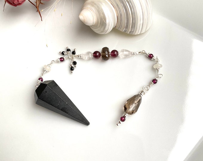 Pendulum made of tourmaline Schörl, smoky quartz, rose quartz, moonstone, garnet and silver sterling (925), dowsing, hexagonal pendulum
