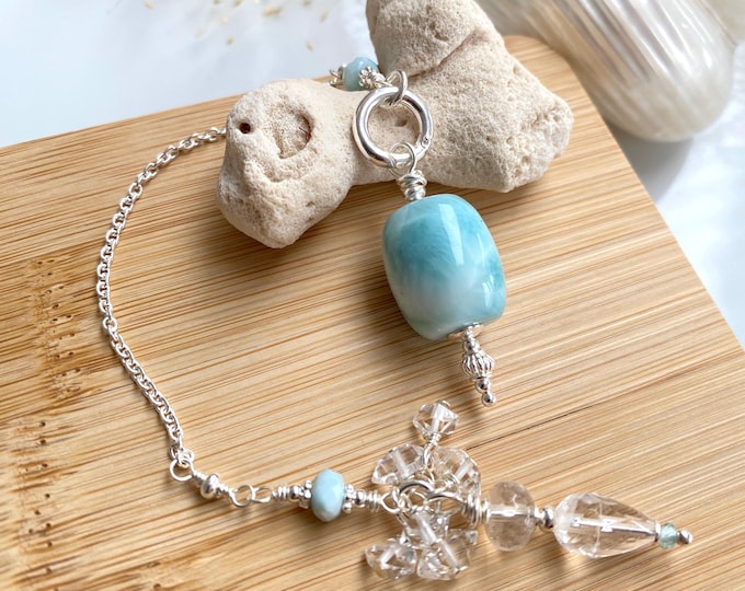 Pendulum made of Larimar, Herkimer Quartz, Rock Crystal and Sterling Silver with Charm Pendants, Dowsing, Necklace Pendant, Yoga Jewelry
