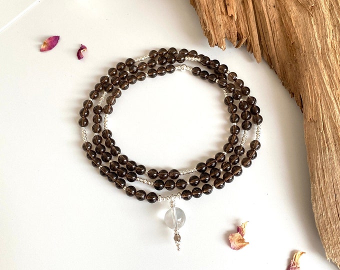 Mala made of smoky quartz, decorated with sterling silver, closing bead made of rock crystal, necklace made of 108 beads