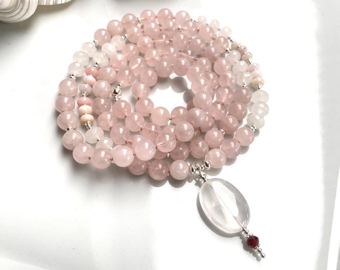 Long mala made of rose quartz 8 mm, snow quartz and pink opal, decorated with silver, yoga jewelry, necklace, jewelry with chakra crystals