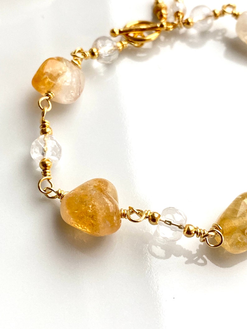 Bracelet en citrine et cristal de roche sur fil de joaillerie plaqué or image 6