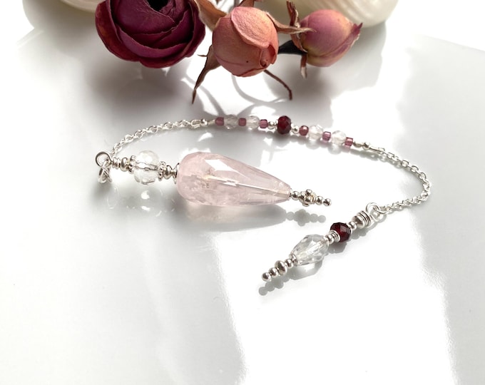 Pendulum made of rose quartz, rock crystal and garnet with sterling silver, handmade, radiesthesia, small gift for the psychic