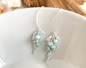 Pendientes de larimar, piedra lunar y plata, pendientes de racimo, forma de navette y uva, regalo para mujer