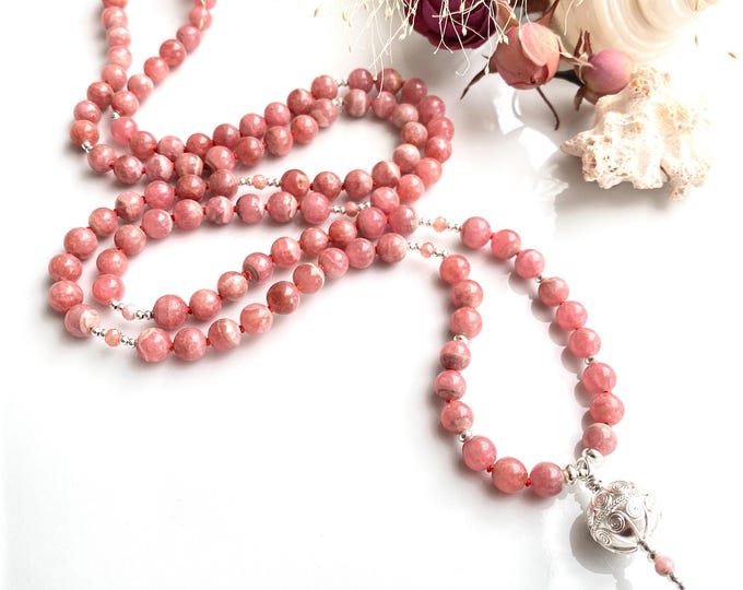 Noble, long mala made of rhodochrosite, decorated with silver, end bead with ornaments in silver, yoga jewelry, gift for jewelry enthusiasts