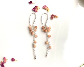 Earrings made of peach colored moonstone and sterling silver (925), long hanging earrings, grape shape