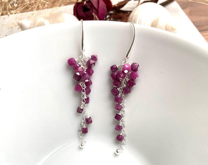 Ruby and silver earrings, luminous cluster earrings, gift for jewelry enthusiasts, sparkling drop earrings