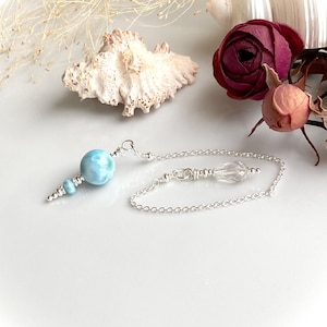 Pendulum made of Larimar, Sterling Silver and Rock Crystal, Radiesthesia, Pendulum made of Healing Stones