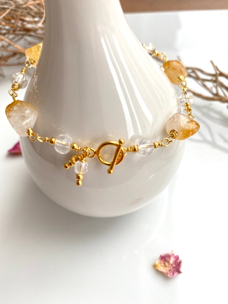 Bracelet en citrine et cristal de roche sur fil de joaillerie plaqué or image 4