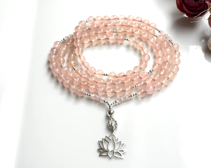Mala Kette aus Morganit mit Silber Sterling 925 und Lotus-Anhänger, Gebetskette aus 108 Heilsteinen, Yoga-Schmuck, Meditationskette