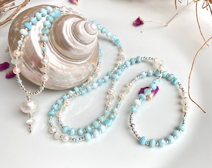 Exceptional larimar, moonstone and freshwater pearl mala embellished with silver and larimar, freshwater pearl ending
