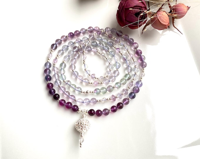 Mala made of fluorite, decorated with silver, prayer beads made of 108 beads in various designs, yoga jewelry, for jewelry enthusiasts