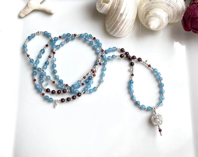 Dainty aquamarine and garnet mala, decorated with garnet and silver, magical long prayer beads, gift for women