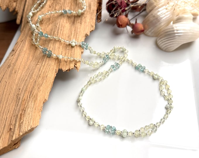 Tantric Mala necklace made of prehnite, amazonite, apatite and sterling silver, "Acceptance with ease", tantric yoga necklace with 416 beads