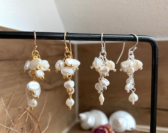 Keshi Pearl Cluster Drop Earrings Silver or Silver Plated Grape Shape Gift for Women Wedding Jewelry