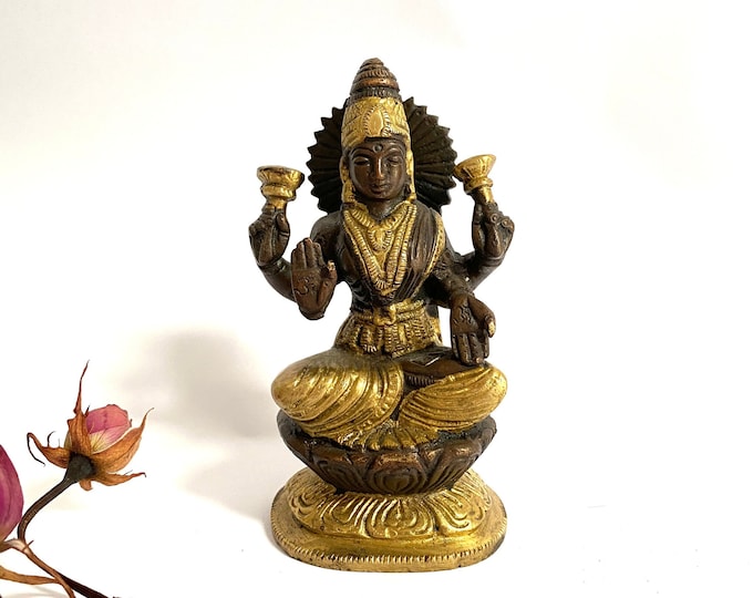 Lakshmi Figur aus Messing, Indien, hinduistische Gottheit des Reichtums und der Schönheit
