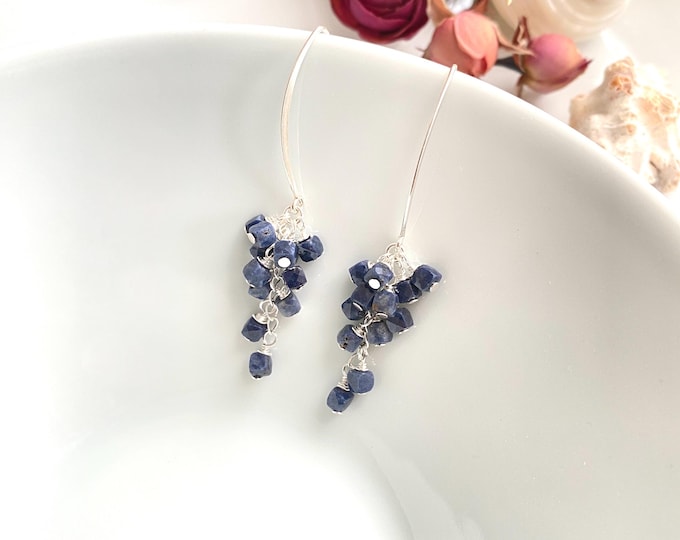 Earrings made of blue sapphire and sterling silver (925), dangling earrings in navette shape with sapphire cubes, gift for jewelry enthusiasts