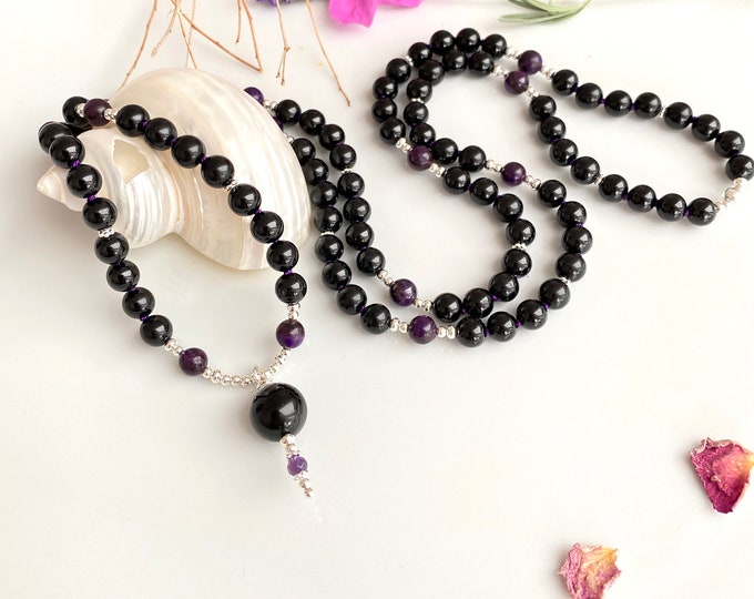 Mala made of sugilite and Schörl, decorated with silver sterling (925), final pearl Schörl (tourmaline black), valuable, powerful necklace