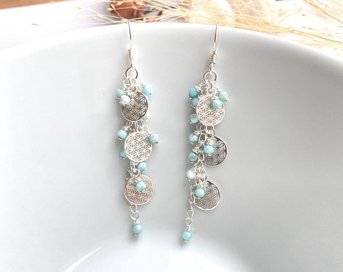 Larimar - Sterling silver earrings with the Flower of Life, long drop earrings