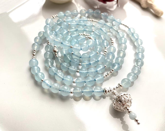 Mala made of aquamarine, decorated with silver, silver bead, meditation and prayer necklace, yoga jewelry, jewelry with chakra crystals