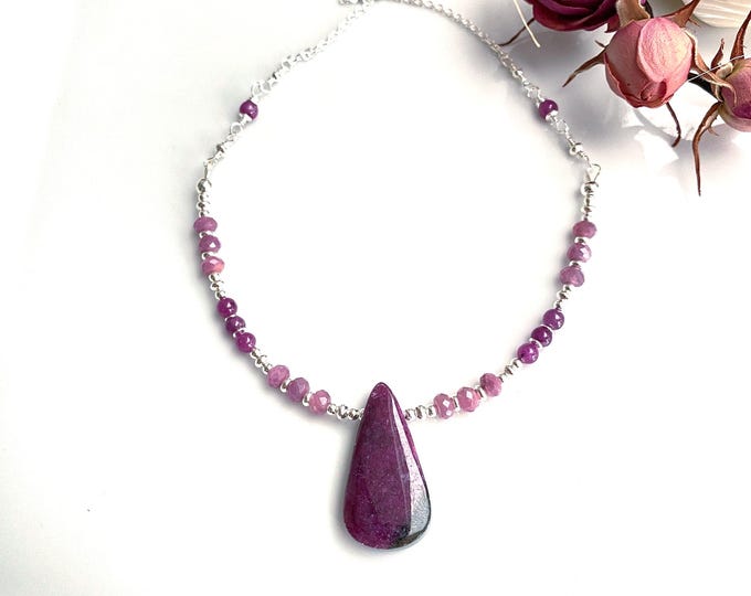 Ruby necklace with sterling silver, short chain with ruby pendant, handmade unique piece, statement jewelry