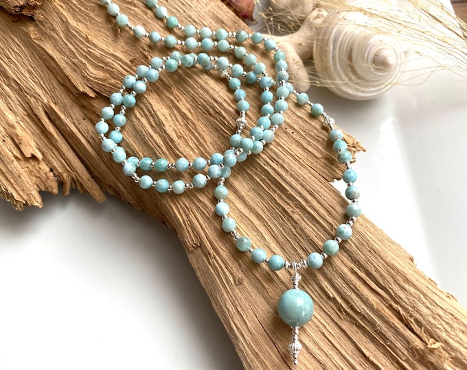 Mala Kette aus Larimar 5 mm und Silber, Guruperle Larimar, wertvolle, zierliche Gebetskette
