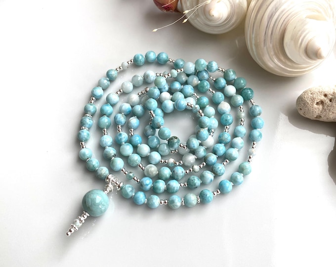 Mala made of Larimar, decorated with silver, Larimar end bead, valuable prayer beads