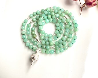 Noble mala made of chrysoprase, decorated with silver, final bead with ornaments in silver, mala “Healing of the Heart”