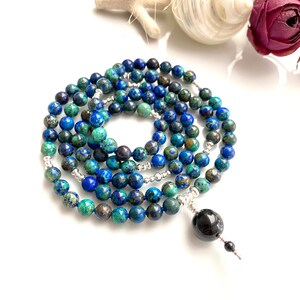 Mala en azurite malachite, décoré d'argent sterling 925, perle finale en tourmaline noire, chaîne de prière composée de 108 perles rares image 2