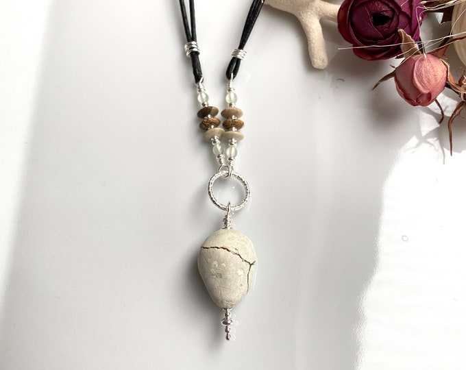 Amulet necklace made of agate amulet stone, jasper, prehnite and sterling silver with cotton cord, pendulum necklace, yoga jewelry
