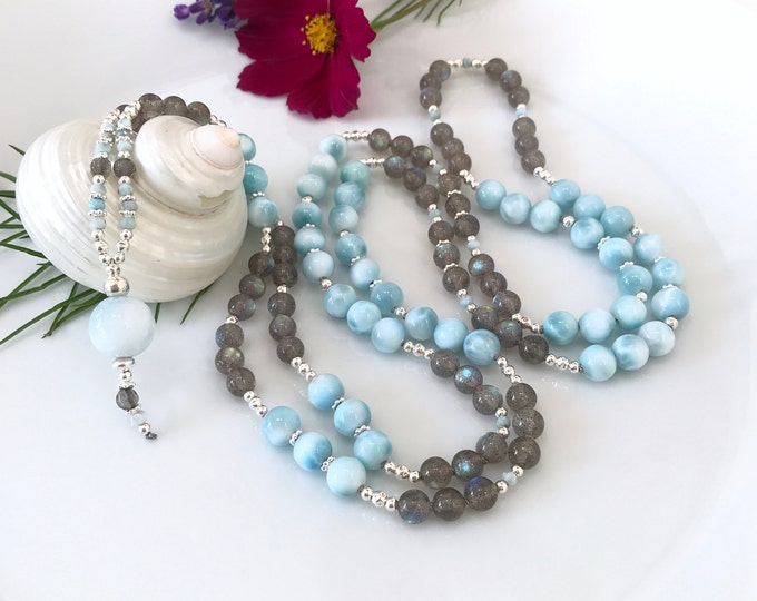 Precious mala from Larimar (AAA) and labradorite (extra), decorated with silver (925), final pearl from Larimar