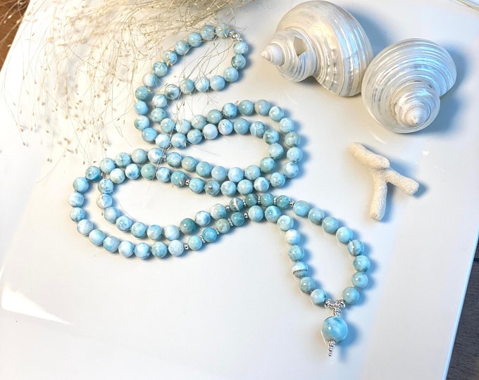Long mala made of Larimar (8 mm), decorated with silver, final bead Larimar, valuable prayer chain made of healing stones