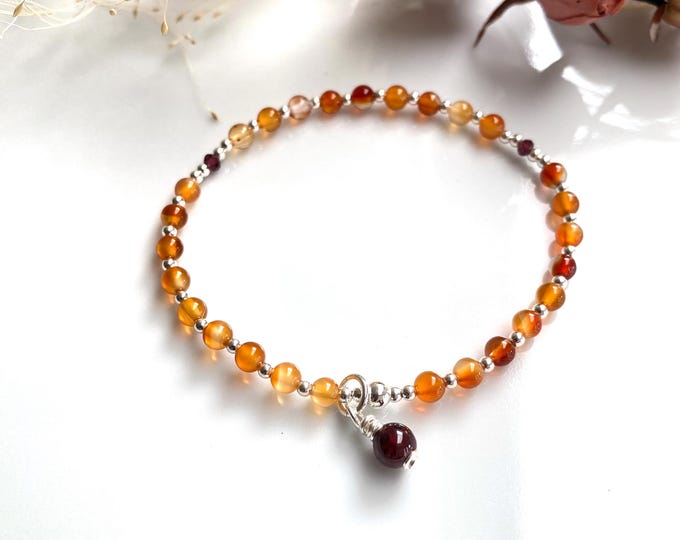 Carnelian bracelet mini mala, decorated with silver and garnet, delicate yoga jewelry with natural chakra crystals