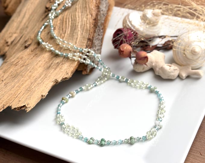 Tantric Mala necklace made of prehnite, apatite, jade and sterling silver, "Acceptance and Stability", tantric yoga necklace with 416 beads