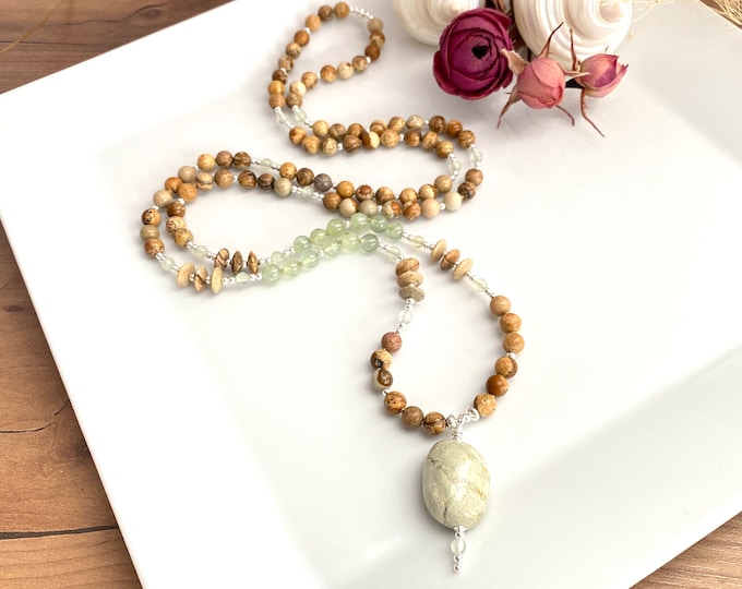 Mala with amulet stone, landscape jasper and prehnite, decorated with silver sterling, exceptional prayer beads