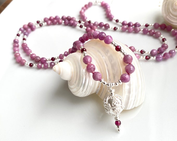 Long mala made of ruby with violet garnet and silver, prayer beads made of 108 beads, valuable meditation necklace, yoga jewelry
