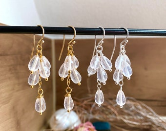 Drop earrings made of rose quartz and silver or silver gold plated, cluster - earrings, grape shape