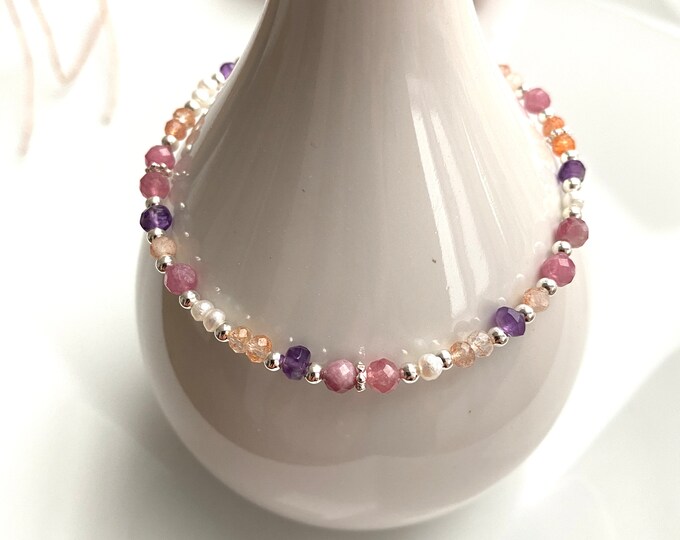 colorful bracelet made of silver, pink tourmaline, amethyst, white freshwater pearls and orange moonstone, gift for women