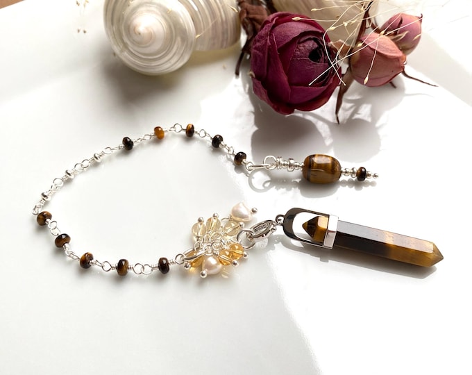 Pendulum made of tiger eye, citrine, kesha pearls and sterling silver with charm pendants, radiesthesia, necklace pendant with vario clip