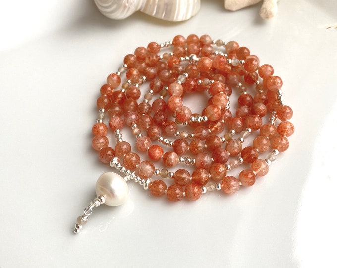 Sunstone mala necklace embellished with moonstone and silver, freshwater pearl ending