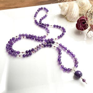 Mala made of dark charoite and amethyst, decorated with silver and purple garnet, charoite end bead, prayer beads, yoga jewelry