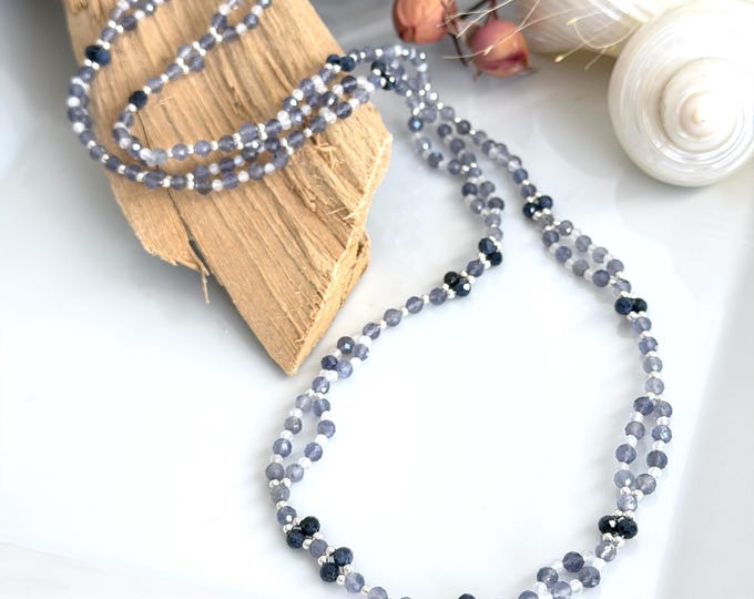 Tantric Mala necklace made of iolite, blue sapphire, white labradorite and sterling silver "Inner Peace", tantric yoga jewelry with 416 beads