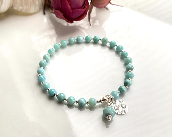 Mini Mala made of Larimar, decorated with silver, final bead Larimar and pendant with the flower of life, bracelet, prayer beads, yoga jewelry