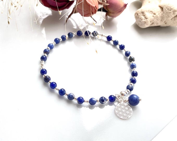 Mini mala made of sodalite, decorated with silver and a pendant with the Flower of Life, bracelet, yoga jewelry, prayer beads