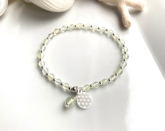 Mini mala en préhnite décoré d'argent, perle finale en préhnite et pendentif avec la fleur de vie, bracelet, chapelet