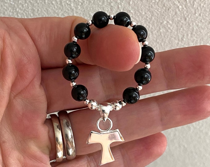Mini rosary, finger rosary made of rock crystal or black tourmaline with silver and a silver (sterling) cross, handcrafted